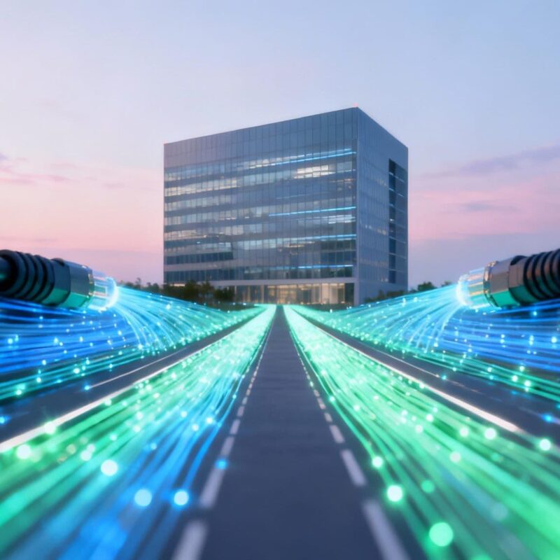 Futuristic highway with glowing blue and green light trails converging toward a glass office building at dusk.