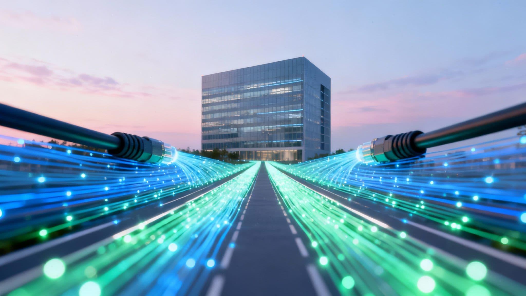 Futuristic highway with glowing blue and green light trails converging toward a glass office building at dusk.
