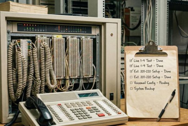 Open server rack with tangled cables and a beige terminal on a desk; clipboard with a to-do list beside it.