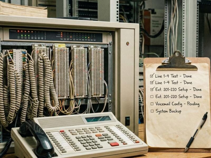 Open server rack with tangled cables and a beige terminal on a desk; clipboard with a to-do list beside it.