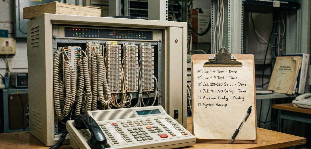 Open server rack with tangled cables and a beige terminal on a desk; clipboard with a to-do list beside it.