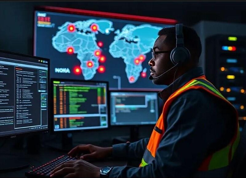 Security analyst in a headset monitors multiple screens in a SOC, with a world map and red alert markers in the background.
