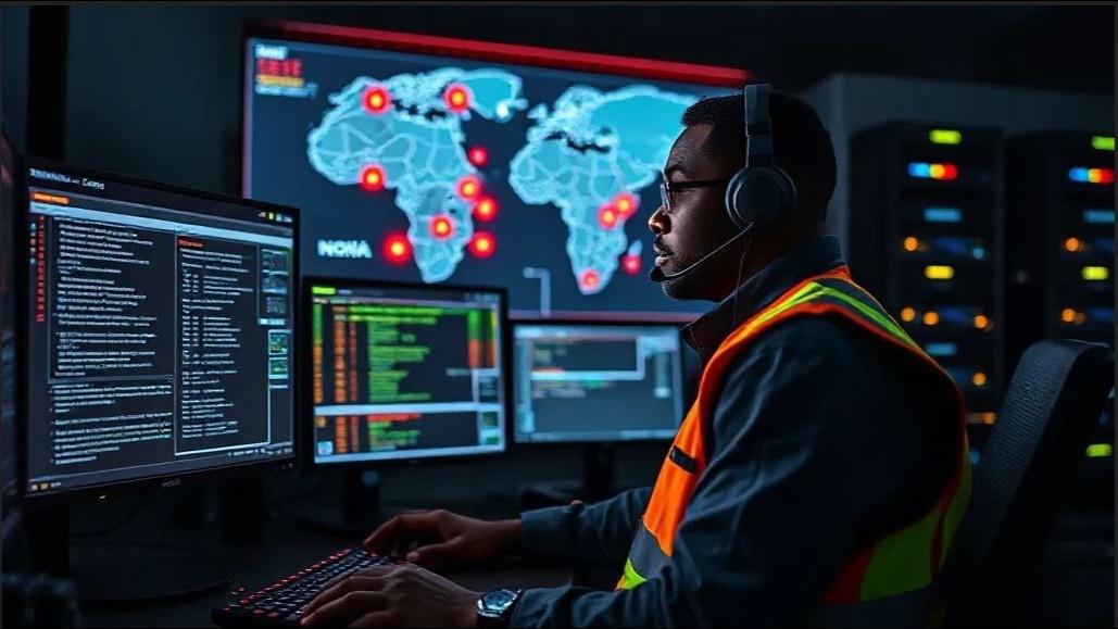 Security analyst in a headset monitors multiple screens in a SOC, with a world map and red alert markers in the background.
