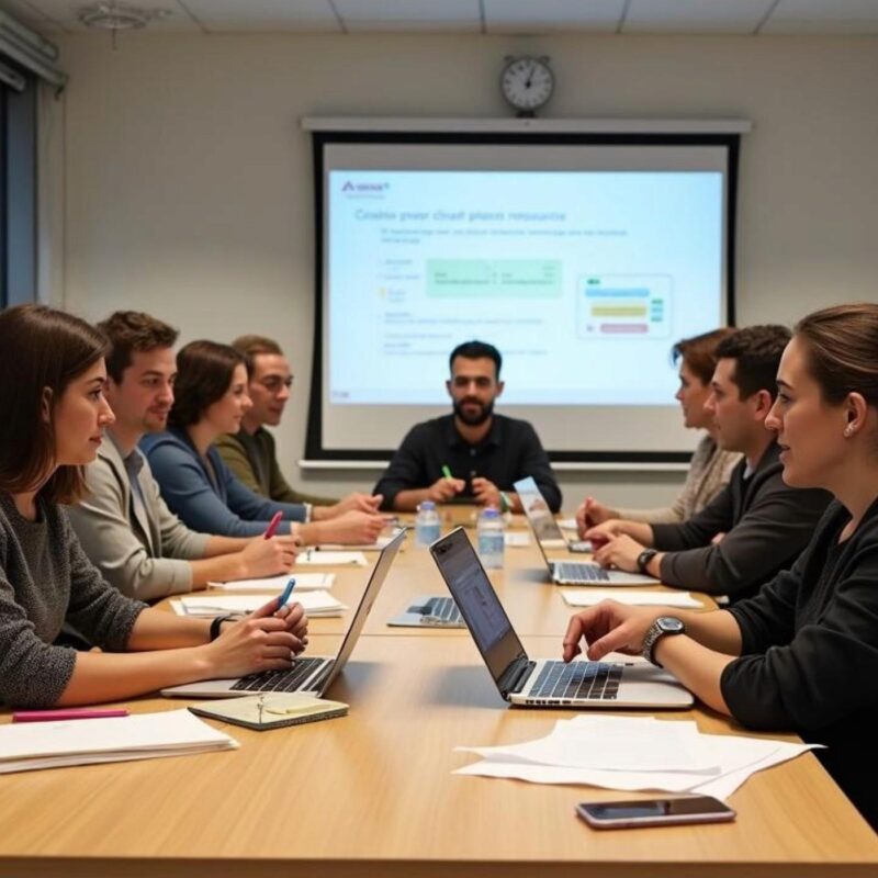 Team of professionals seated around a conference table with open laptops, facing a projected presentation on the screen at the front of the room.