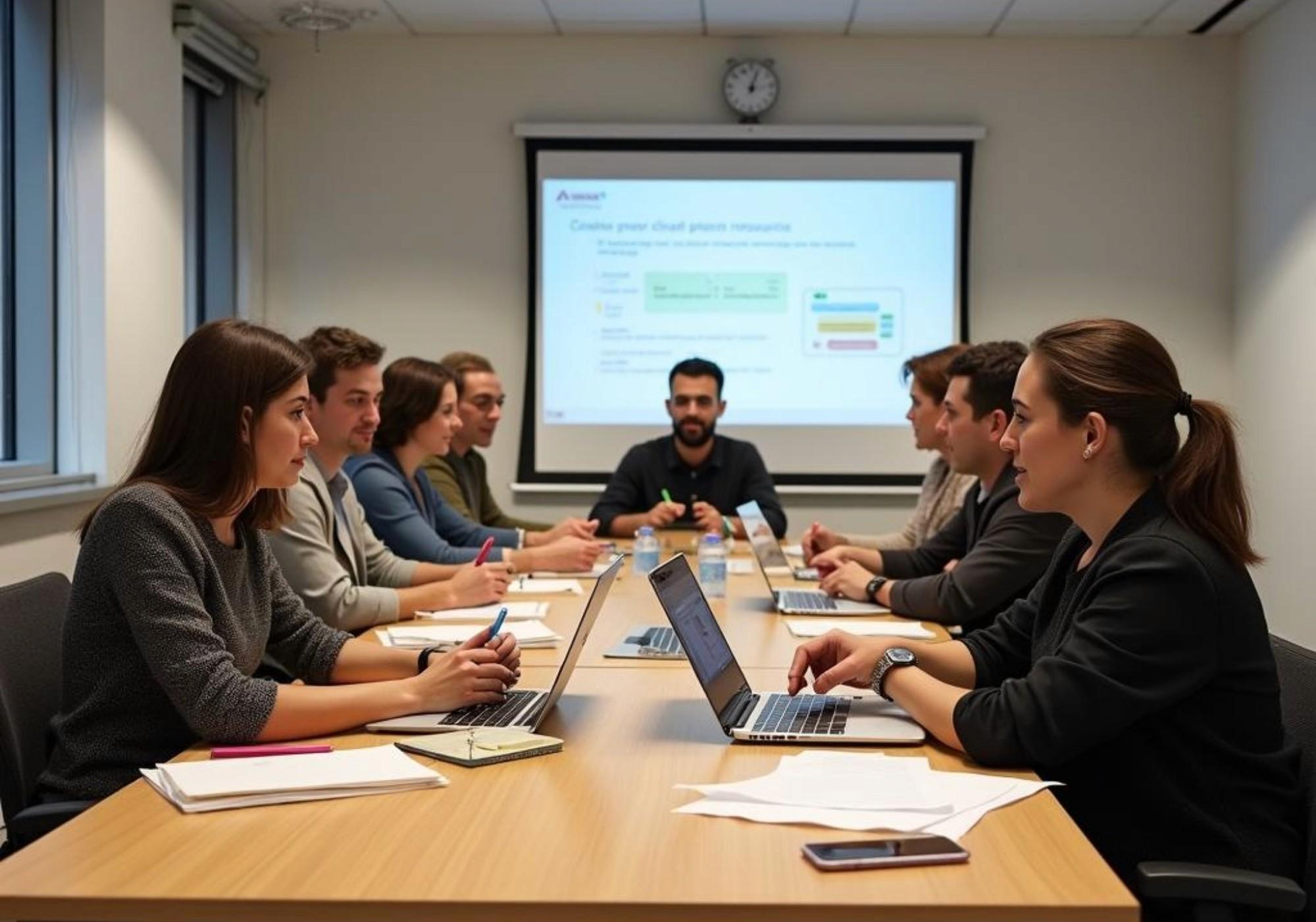 Team of professionals seated around a conference table with open laptops, facing a projected presentation on the screen at the front of the room.